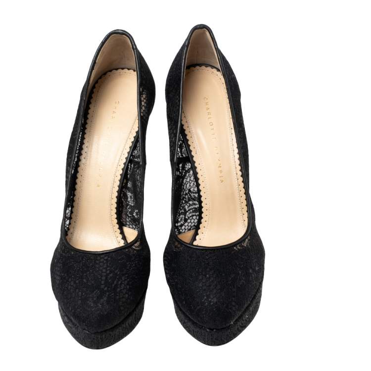 Pre Owned Charlotte Olympia Black Lace Dolly Platform  Pumps Size 41