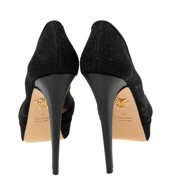 Pre Owned Charlotte Olympia Black Lace Dolly Platform  Pumps Size 41