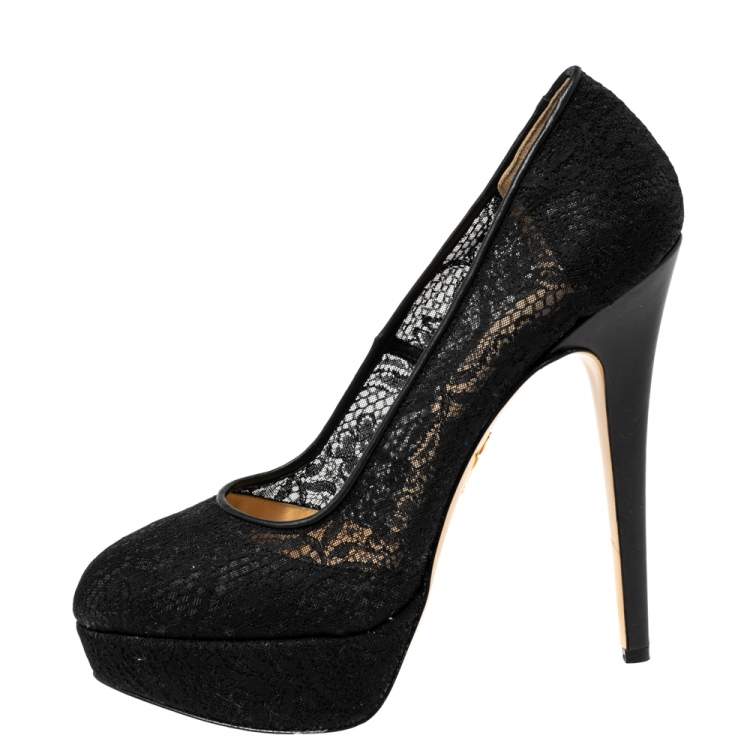 Pre Owned Charlotte Olympia Black Lace Dolly Platform  Pumps Size 41