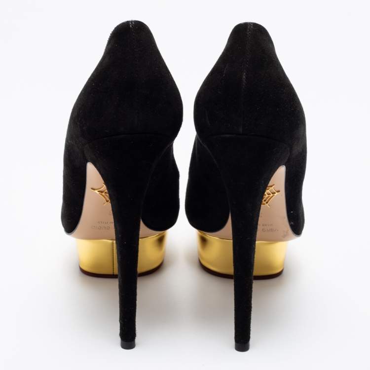 Pre Owned Charlotte Olympia Black Suede Dolly Platform Pumps Size 38