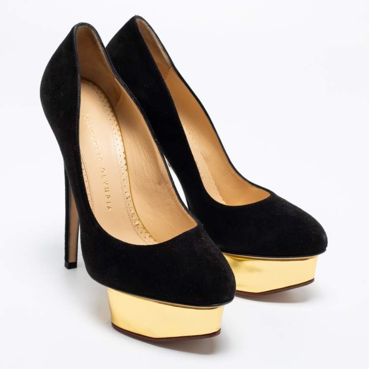 Pre Owned Charlotte Olympia Black Suede Dolly Platform Pumps Size 38