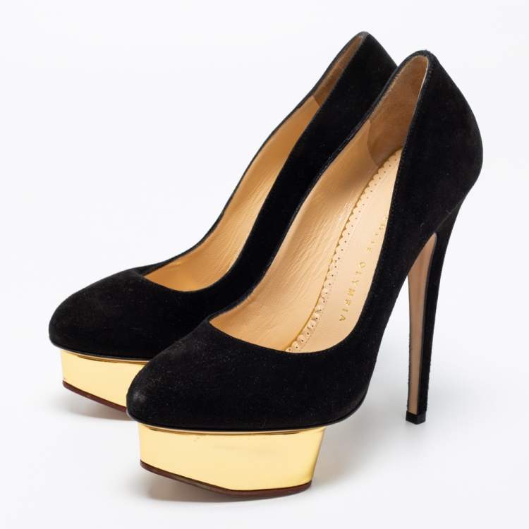 Pre Owned Charlotte Olympia Black Suede Dolly Platform Pumps Size 38