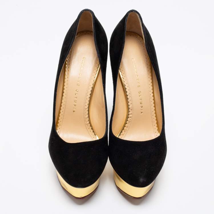Pre Owned Charlotte Olympia Black Suede Dolly Platform Pumps Size 38