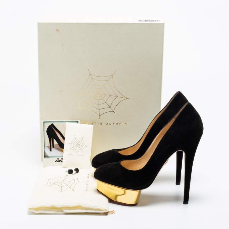 Pre Owned Charlotte Olympia Black Suede Dolly Platform Pumps Size 38