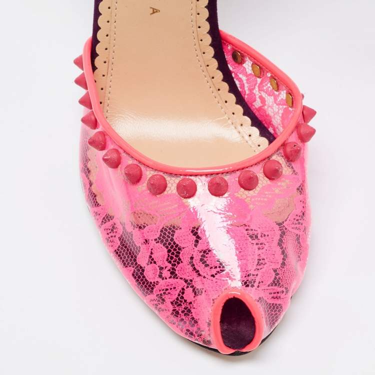 Pre Owned Charlotte Olympia Pink PVC Soho Studded Ankle Strap Pumps Size 38.5