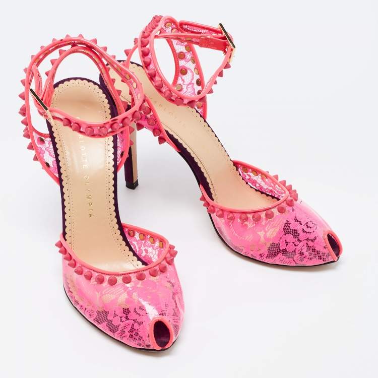 Pre Owned Charlotte Olympia Pink PVC Soho Studded Ankle Strap Pumps Size 38.5