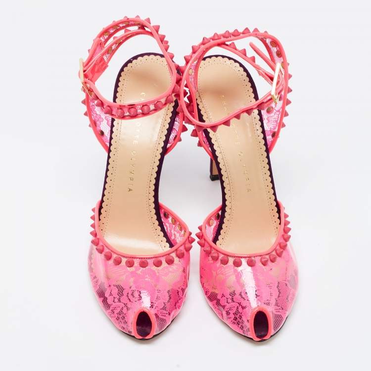 Pre Owned Charlotte Olympia Pink PVC Soho Studded Ankle Strap Pumps Size 38.5