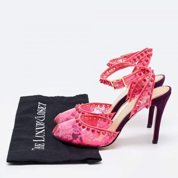 Pre Owned Charlotte Olympia Pink PVC Soho Studded Ankle Strap Pumps Size 38.5