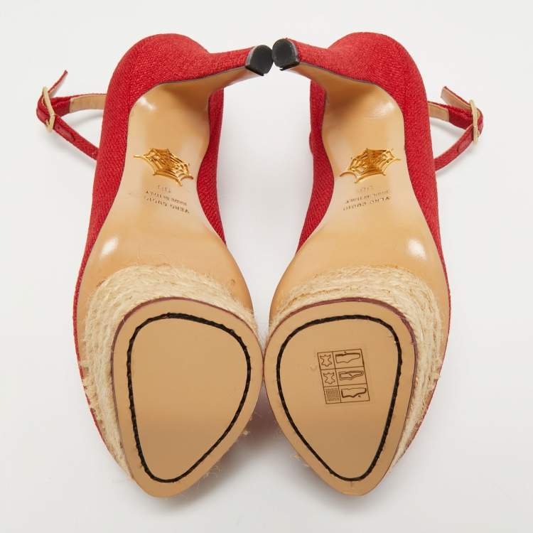 Pre Owned Charlotte Olympia Red Canvas Dolly Ankle Strap Pumps Size 38