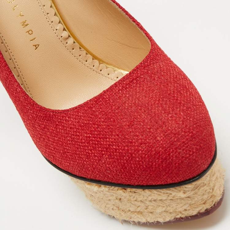 Pre Owned Charlotte Olympia Red Canvas Dolly Ankle Strap Pumps Size 38