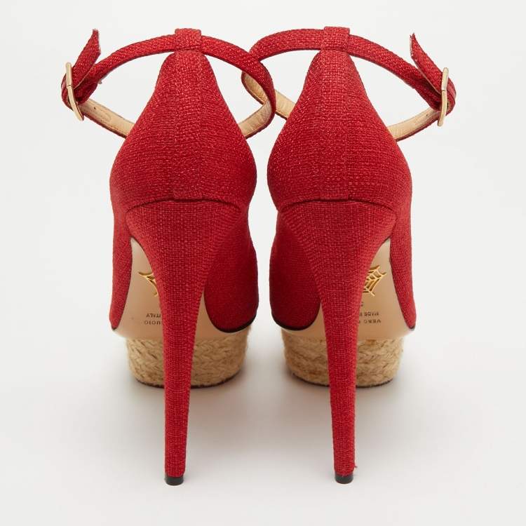 Pre Owned Charlotte Olympia Red Canvas Dolly Ankle Strap Pumps Size 38