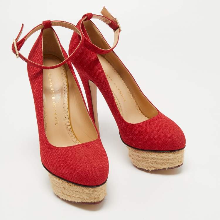Pre Owned Charlotte Olympia Red Canvas Dolly Ankle Strap Pumps Size 38
