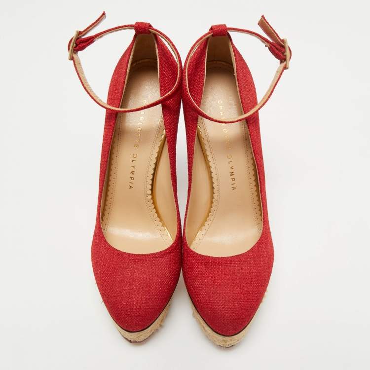 Pre Owned Charlotte Olympia Red Canvas Dolly Ankle Strap Pumps Size 38