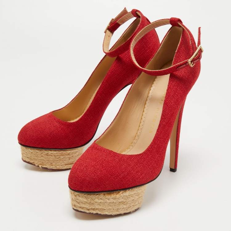 Pre Owned Charlotte Olympia Red Canvas Dolly Ankle Strap Pumps Size 38