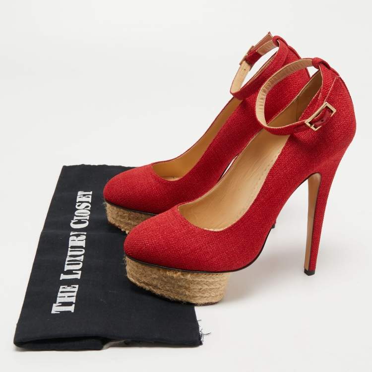 Pre Owned Charlotte Olympia Red Canvas Dolly Ankle Strap Pumps Size 38