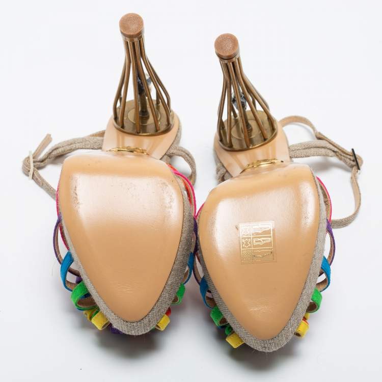 Pre Owned Charlotte Olympia Multicolor Satin and Canvas Strappy Platform Sandals Size 37.5