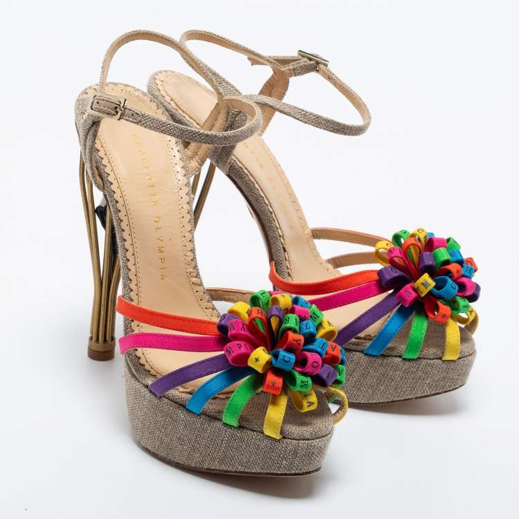Pre Owned Charlotte Olympia Multicolor Satin and Canvas Strappy Platform Sandals Size 37.5