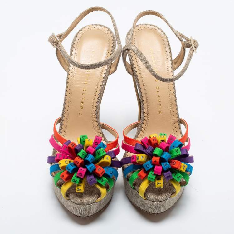 Pre Owned Charlotte Olympia Multicolor Satin and Canvas Strappy Platform Sandals Size 37.5