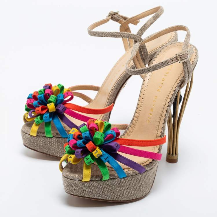 Pre Owned Charlotte Olympia Multicolor Satin and Canvas Strappy Platform Sandals Size 37.5