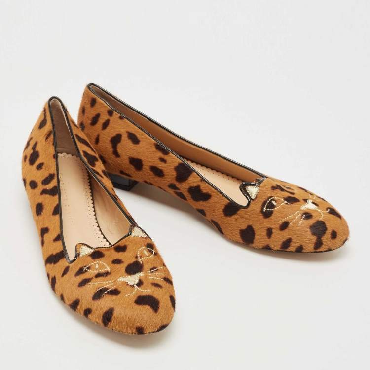 Pre Owned Charlotte Olympia Brown Calf Hair Leopard Print Cat Ballet Flats Size 40