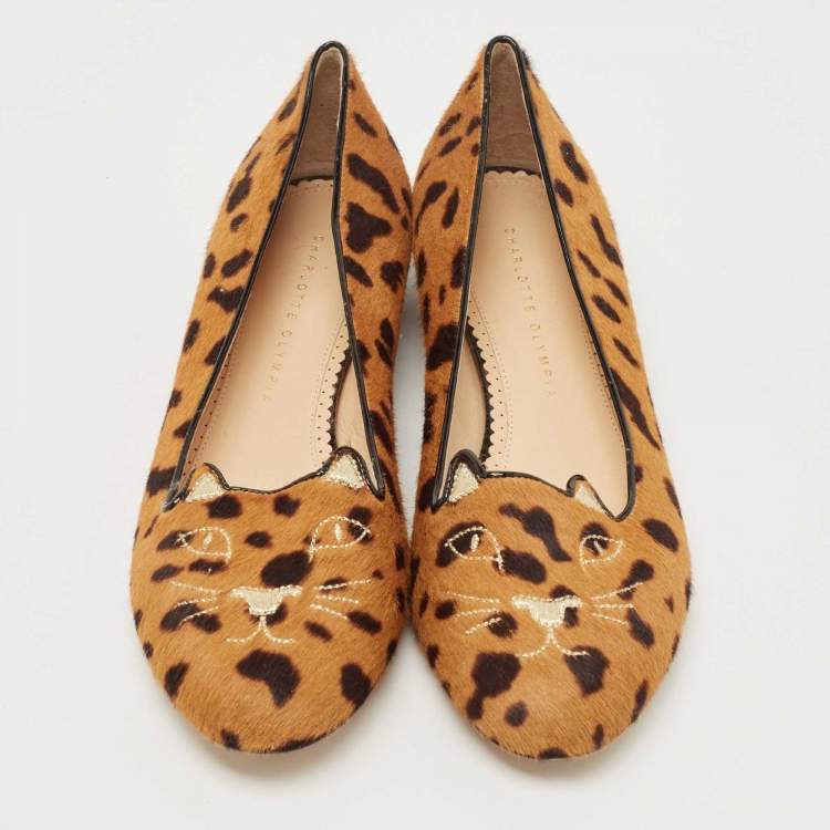 Pre Owned Charlotte Olympia Brown Calf Hair Leopard Print Cat Ballet Flats Size 40