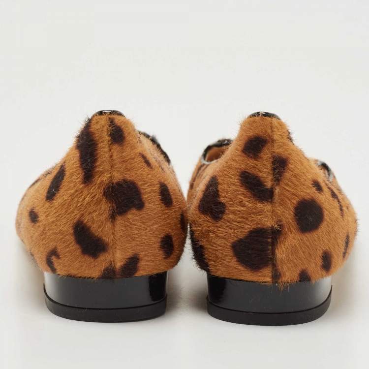 Pre Owned Charlotte Olympia Brown Calf Hair Leopard Print Cat Ballet Flats Size 40