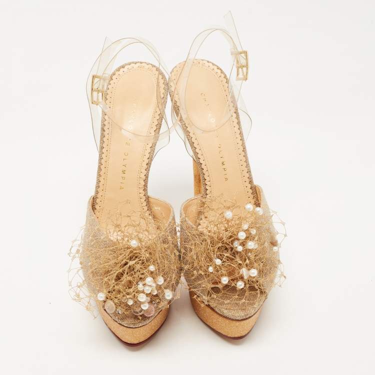 Pre Owned Charlotte Olympia Gold/Beige Canvas and PVC Platform Ankle Strap Pumps Size 40
