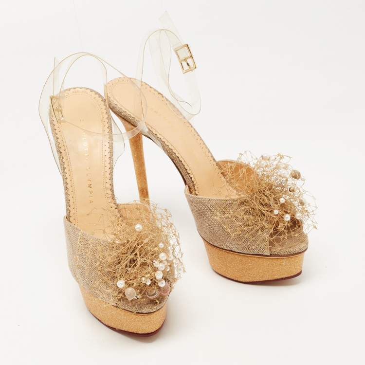 Pre Owned Charlotte Olympia Gold/Beige Canvas and PVC Platform Ankle Strap Pumps Size 40
