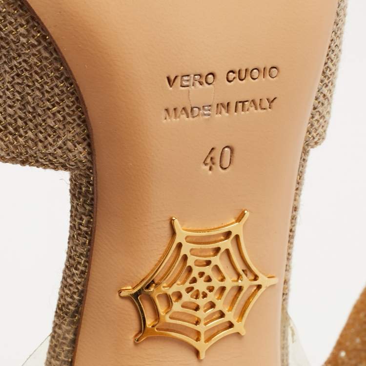 Pre Owned Charlotte Olympia Gold/Beige Canvas and PVC Platform Ankle Strap Pumps Size 40