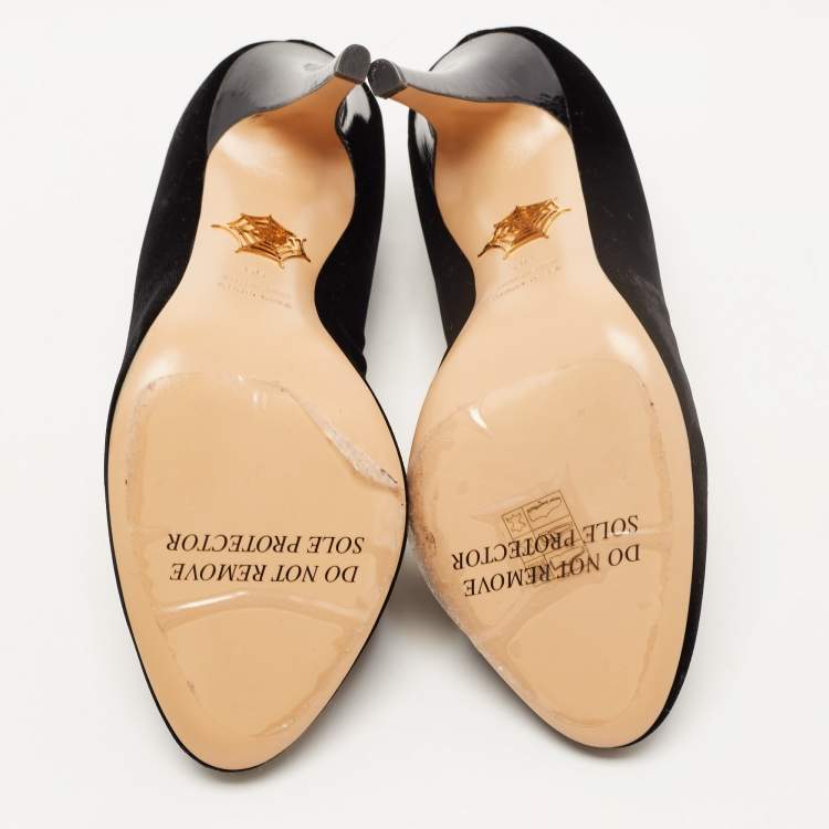 Pre Owned Charlotte Olympia Black Velvet Embroidered Kitty Pumps Size 39