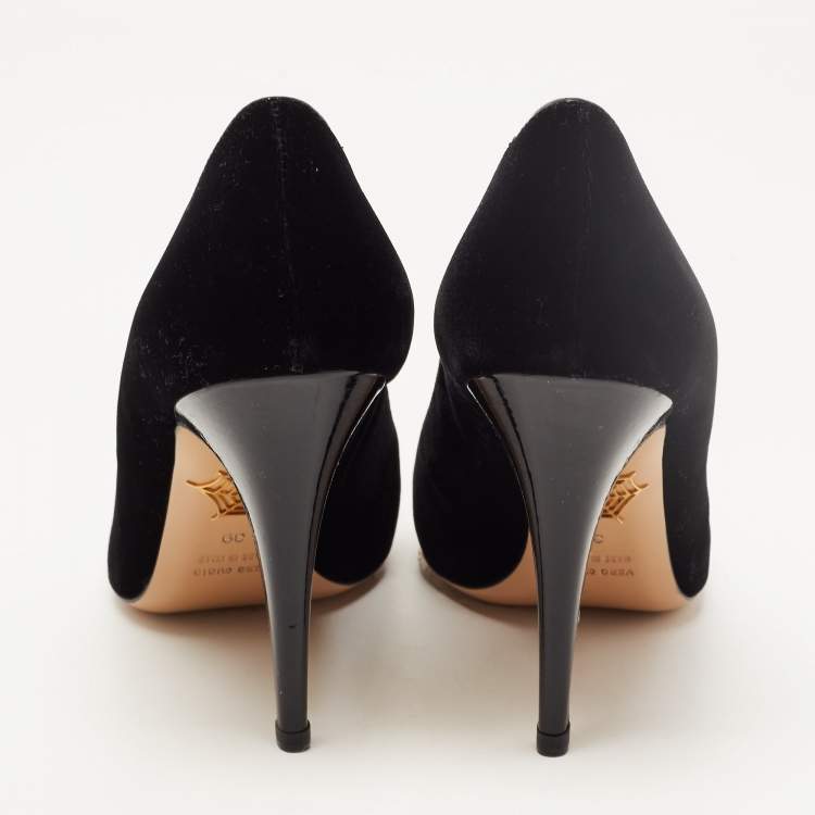 Pre Owned Charlotte Olympia Black Velvet Embroidered Kitty Pumps Size 39