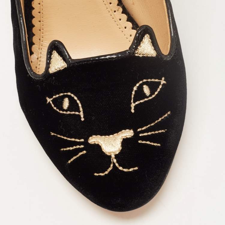 Pre Owned Charlotte Olympia Black Velvet Embroidered Kitty Pumps Size 39