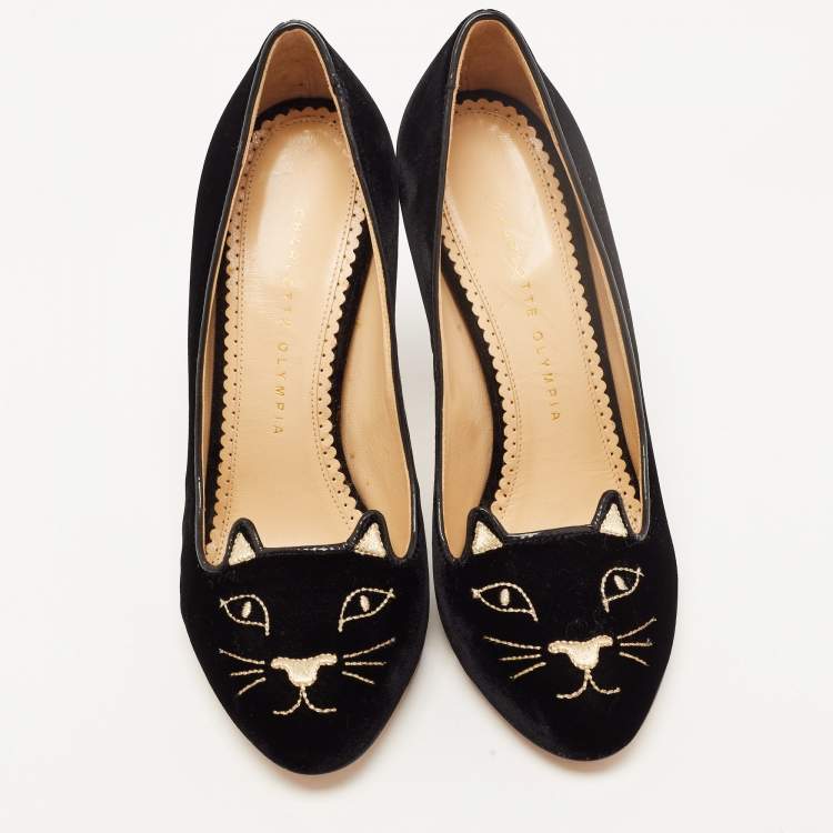Pre Owned Charlotte Olympia Black Velvet Embroidered Kitty Pumps Size 39