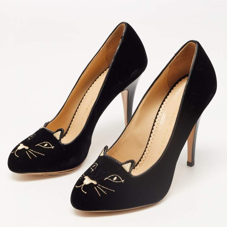 Pre Owned Charlotte Olympia Black Velvet Embroidered Kitty Pumps Size 39