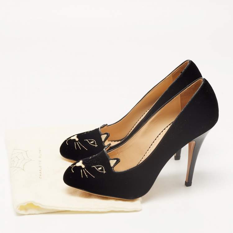 Pre Owned Charlotte Olympia Black Velvet Embroidered Kitty Pumps Size 39