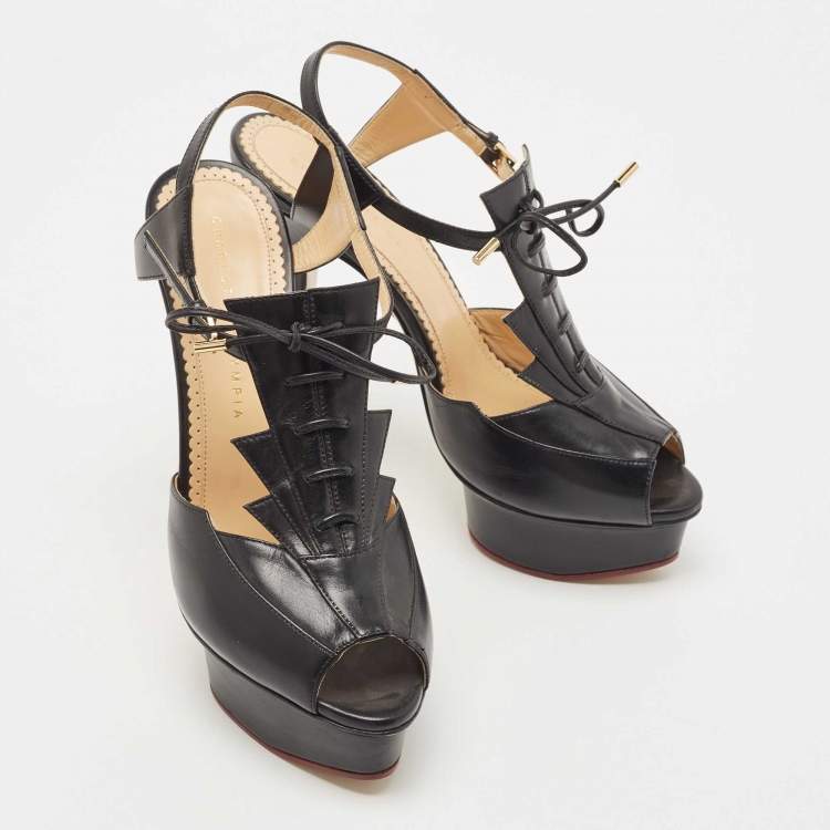 Pre Owned Charlotte Olympia Black Leather Peep Toe Platform Ankle Strap Sandals Size 39