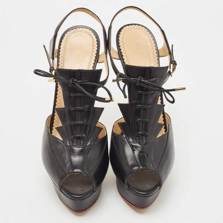 Pre Owned Charlotte Olympia Black Leather Peep Toe Platform Ankle Strap Sandals Size 39