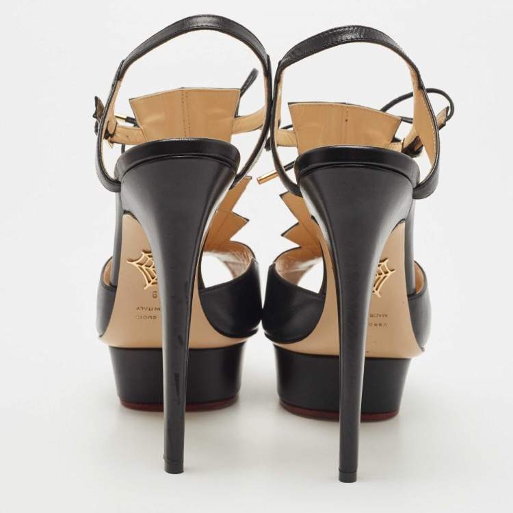 Pre Owned Charlotte Olympia Black Leather Peep Toe Platform Ankle Strap Sandals Size 39