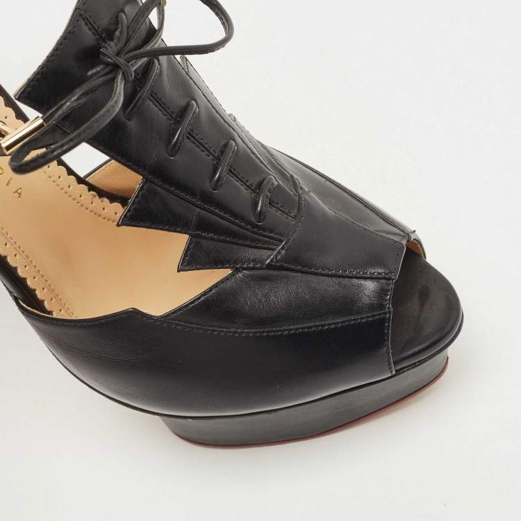 Pre Owned Charlotte Olympia Black Leather Peep Toe Platform Ankle Strap Sandals Size 39