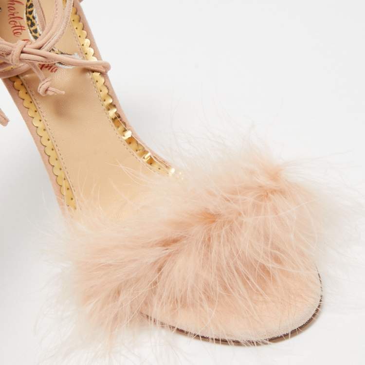 مملوكة مسبقًا Charlotte Olympia Light Pink Suede and Feather Salsa Ankle Tie Sandals Size 39.5