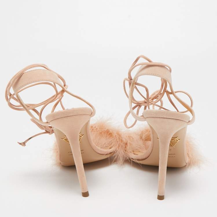 مملوكة مسبقًا Charlotte Olympia Light Pink Suede and Feather Salsa Ankle Tie Sandals Size 39.5