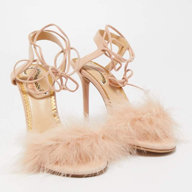 مملوكة مسبقًا Charlotte Olympia Light Pink Suede and Feather Salsa Ankle Tie Sandals Size 39.5