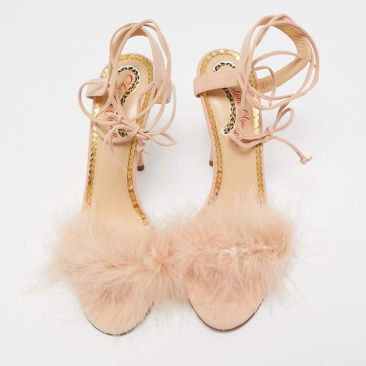 مملوكة مسبقًا Charlotte Olympia Light Pink Suede and Feather Salsa Ankle Tie Sandals Size 39.5