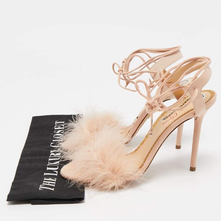 مملوكة مسبقًا Charlotte Olympia Light Pink Suede and Feather Salsa Ankle Tie Sandals Size 39.5