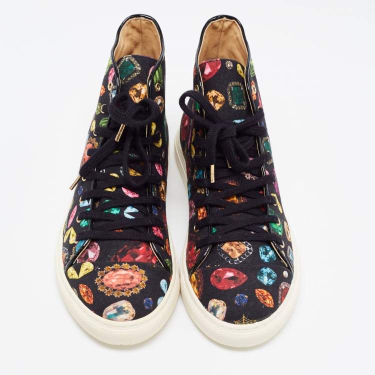 Pre Owned Charlotte Olympia Multicolor Jewel Print Canvas High Top Sneakers Size 36.5