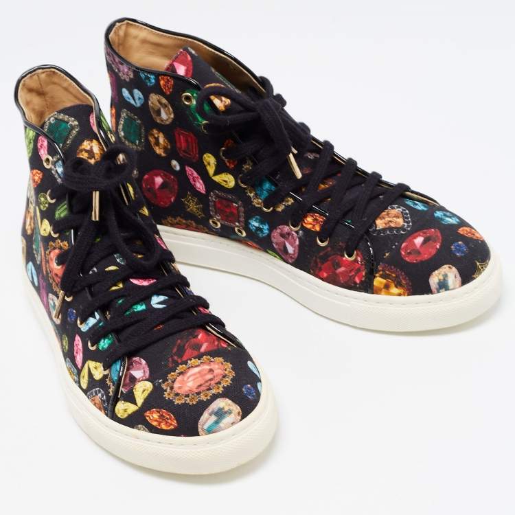 Pre Owned Charlotte Olympia Multicolor Jewel Print Canvas High Top Sneakers Size 36.5