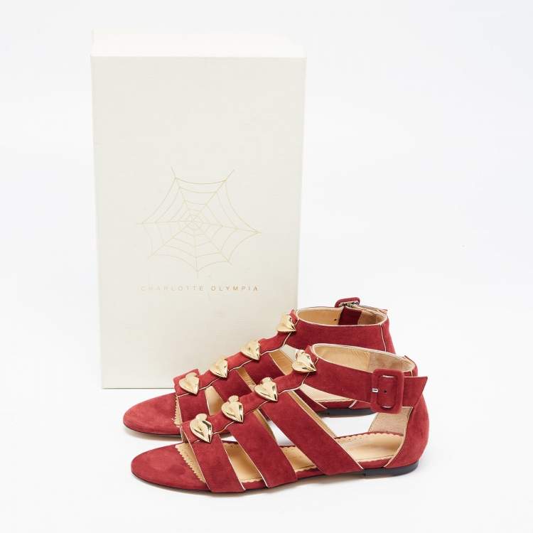 Pre Owned Charlotte Olympia Garnet Red Suede One More Kiss Flat Gladiator Flat Sandals Size 36