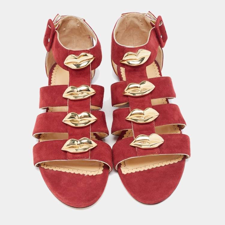 Pre Owned Charlotte Olympia Garnet Red Suede One More Kiss Flat Gladiator Flat Sandals Size 36