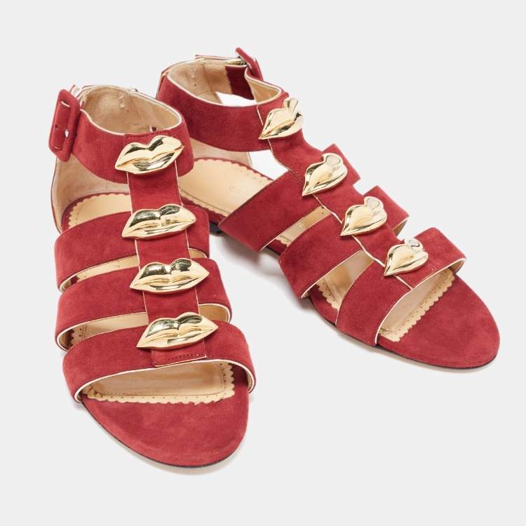 Pre Owned Charlotte Olympia Garnet Red Suede One More Kiss Flat Gladiator Flat Sandals Size 36