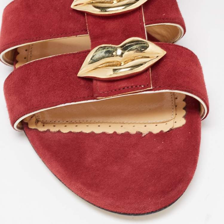 Pre Owned Charlotte Olympia Garnet Red Suede One More Kiss Flat Gladiator Flat Sandals Size 36